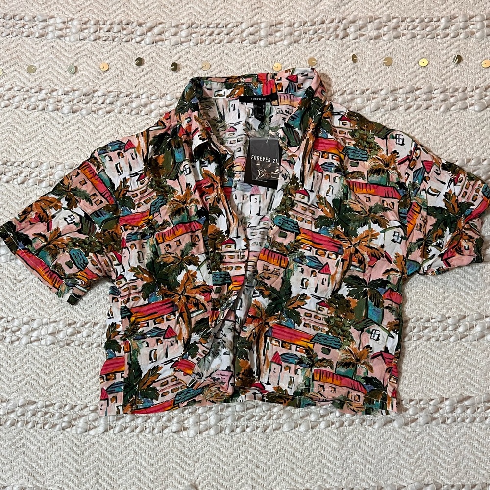 F21 Vacation Button Down Crop Shirt
